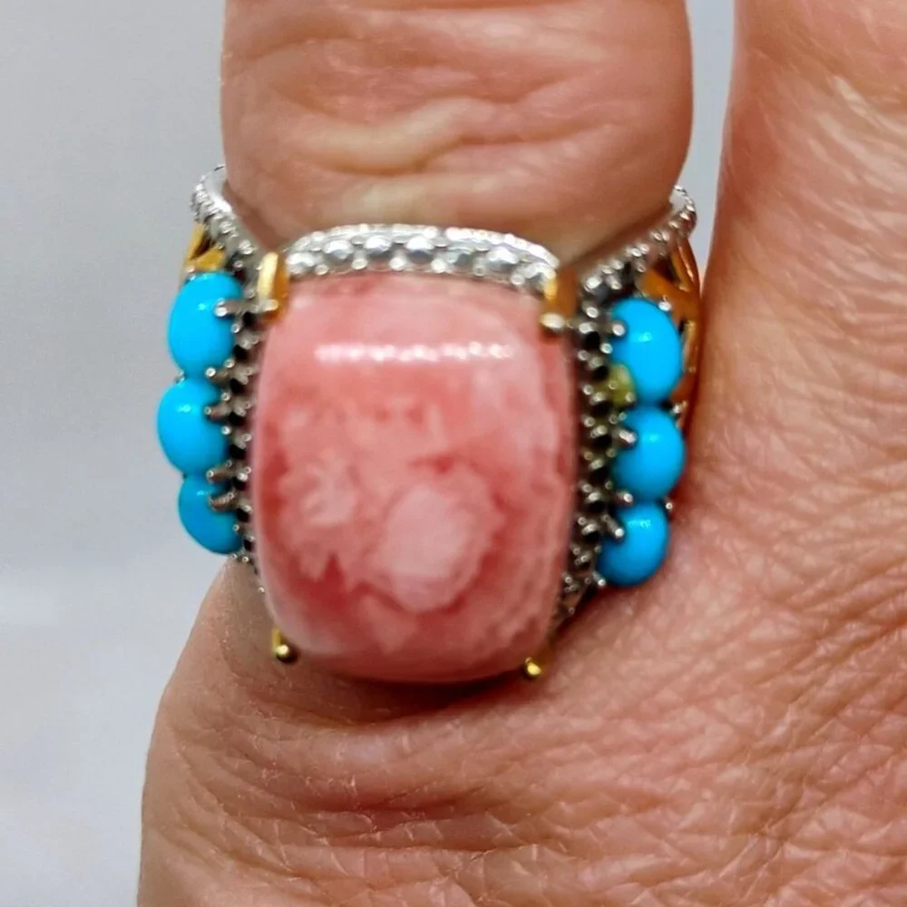 KRH India 925 Sterling Silver Pink Rhodochrosite & Turquoise Ring Size 6 - Picture 2 of 8